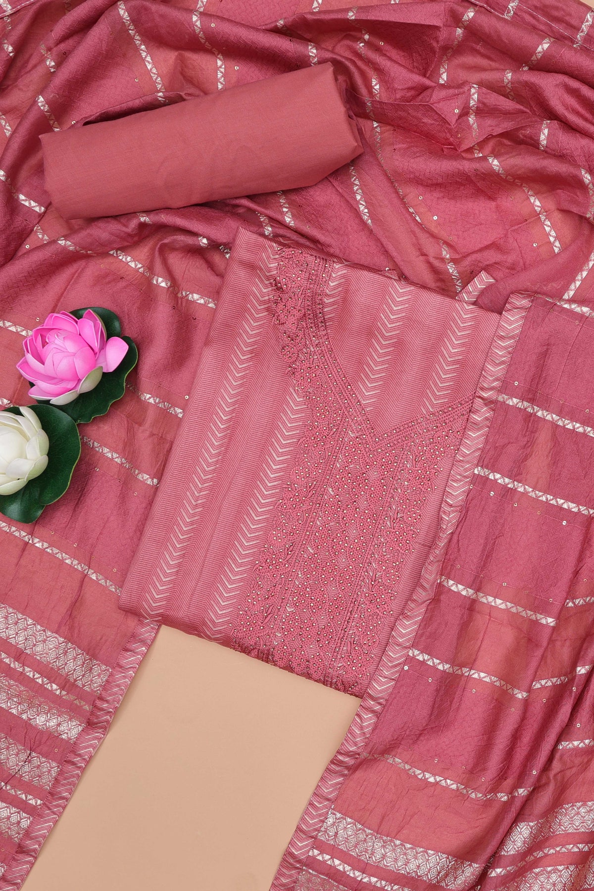 Light red cotton embroidered suit set