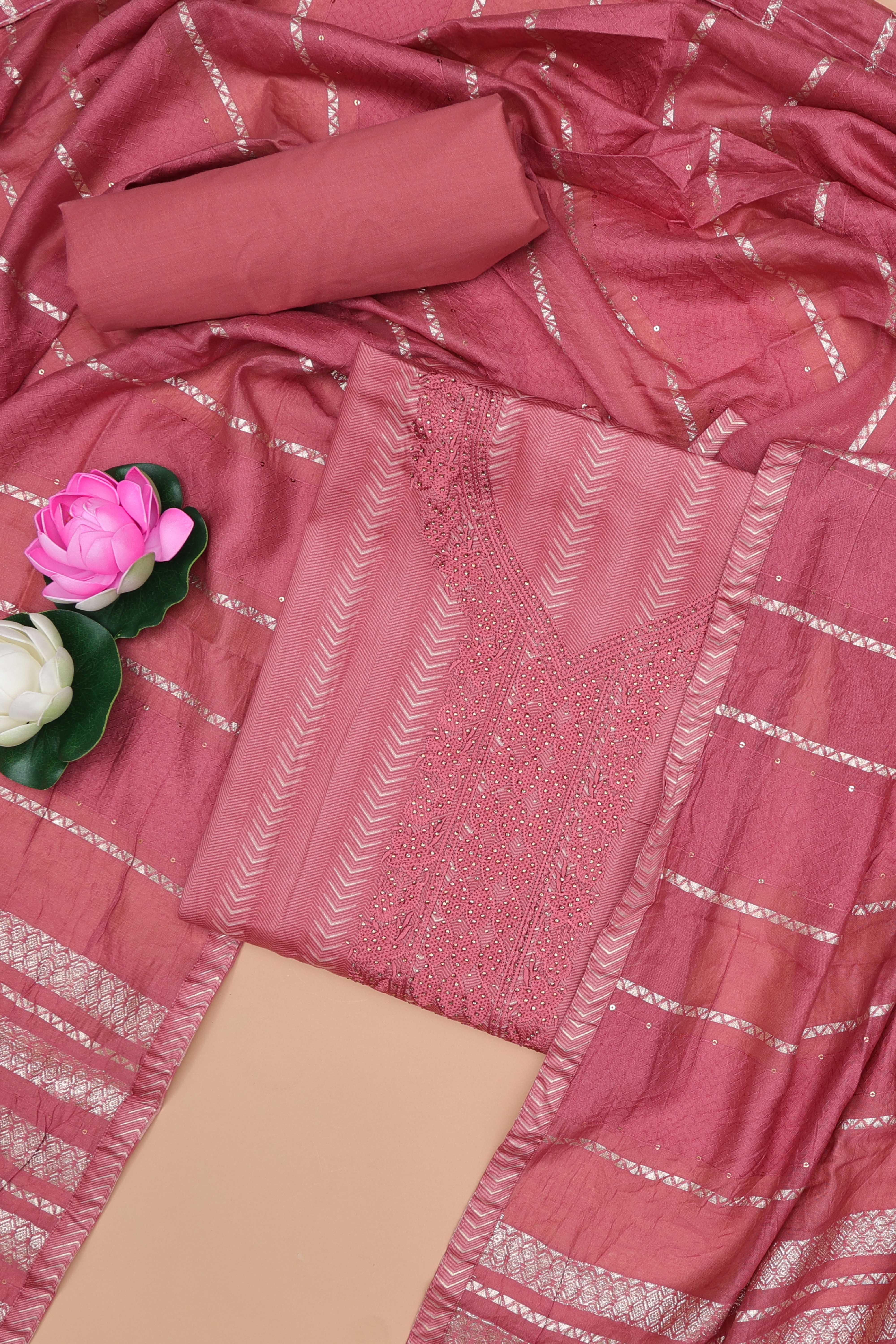 Light red cotton embroidered suit set
