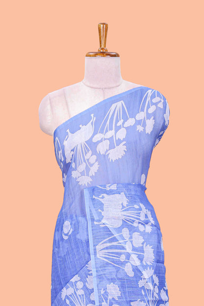 Lightweight breathable blue linen cotton saree