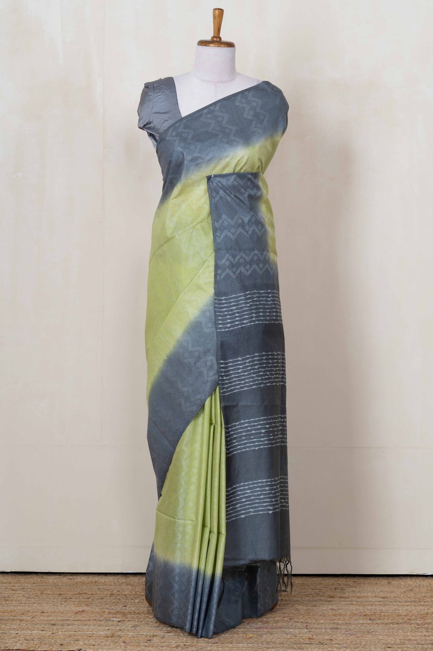 Lime green blue linen saree