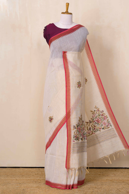 Linen French knot Embroidery Saree With Contrast Border