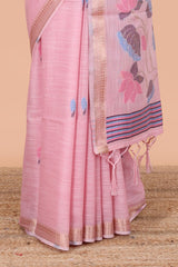 Linen cotton festive pink silk saree