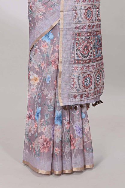 Linen cotton printed purple saree