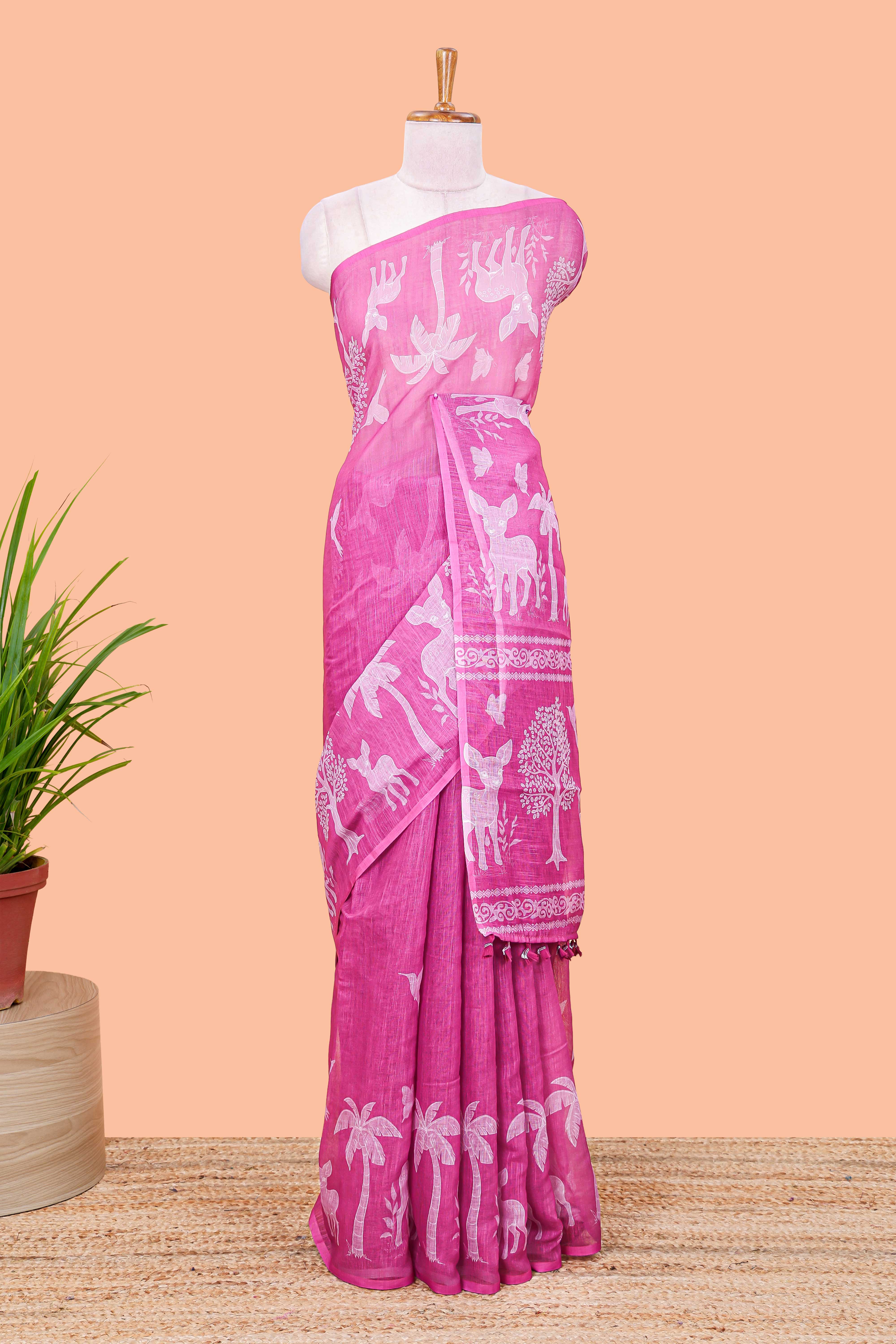 Linen cotton saree in pink shade
