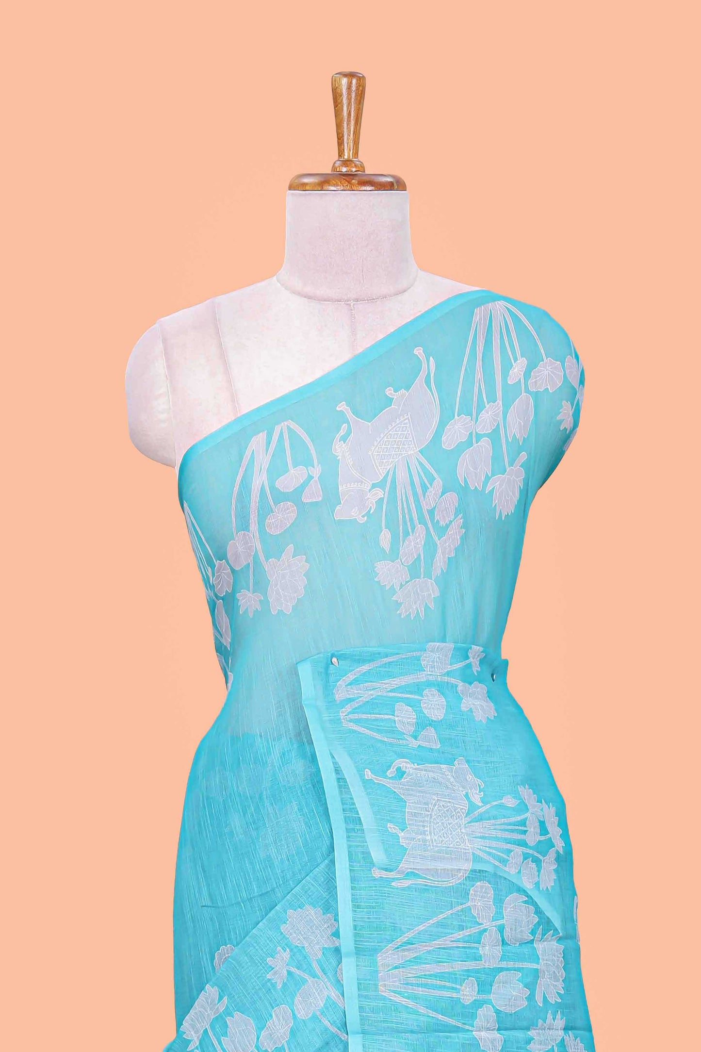Linen cotton saree in turquoise blue shade