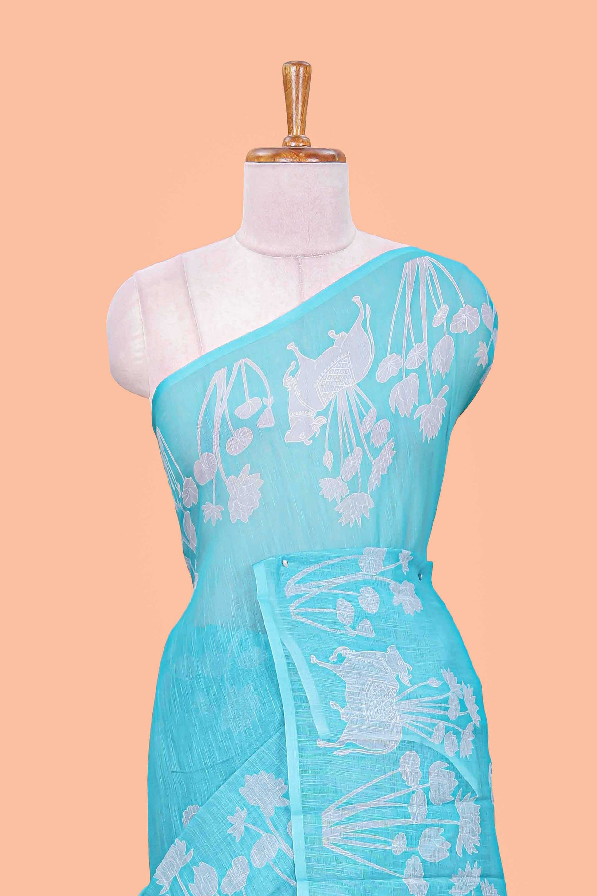 Linen cotton saree in turquoise blue shade