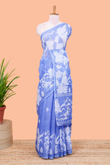 Linen cotton saree with blue floral design