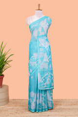 Linen cotton saree with green floral design