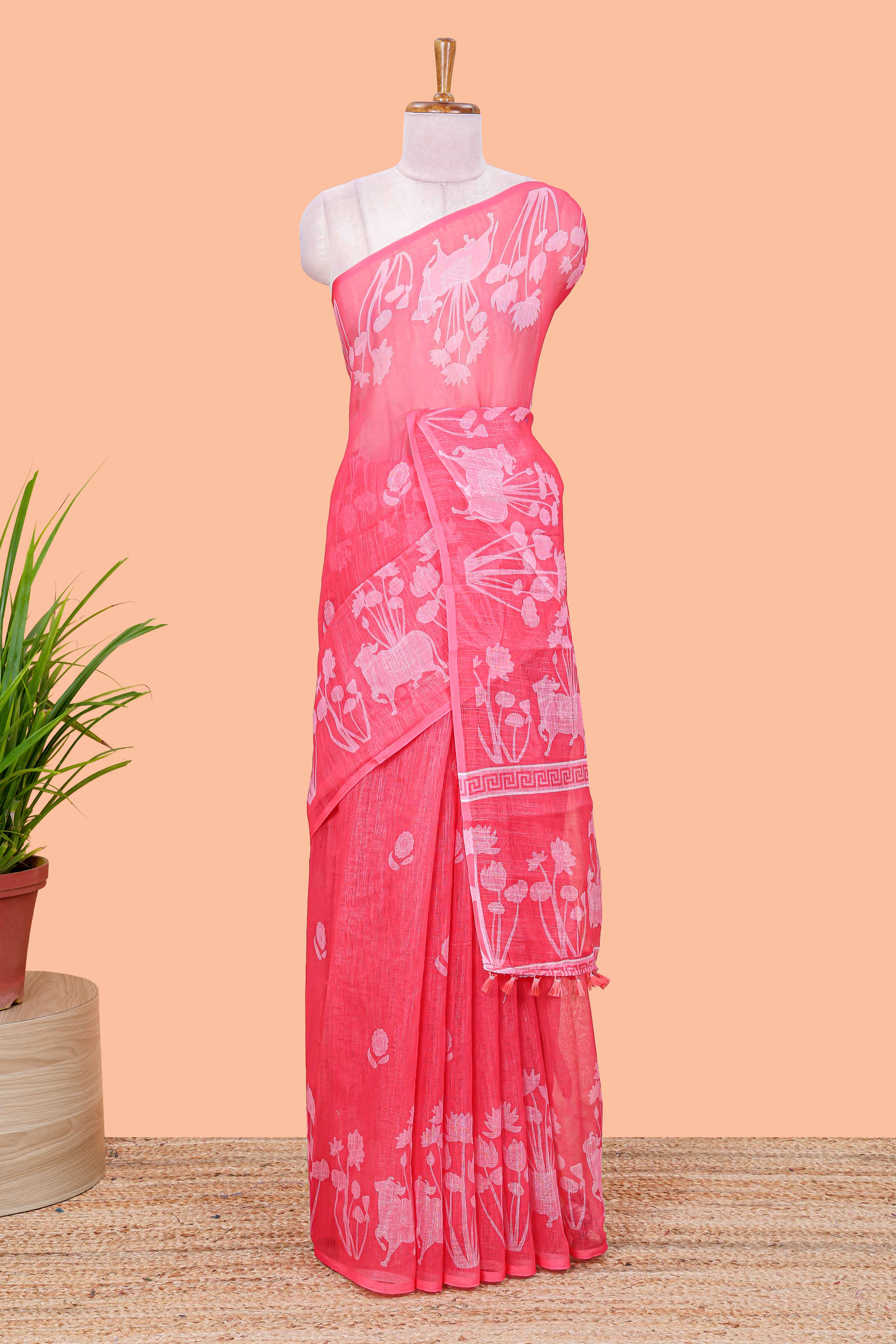 Linen cotton saree with pichwai lotus border