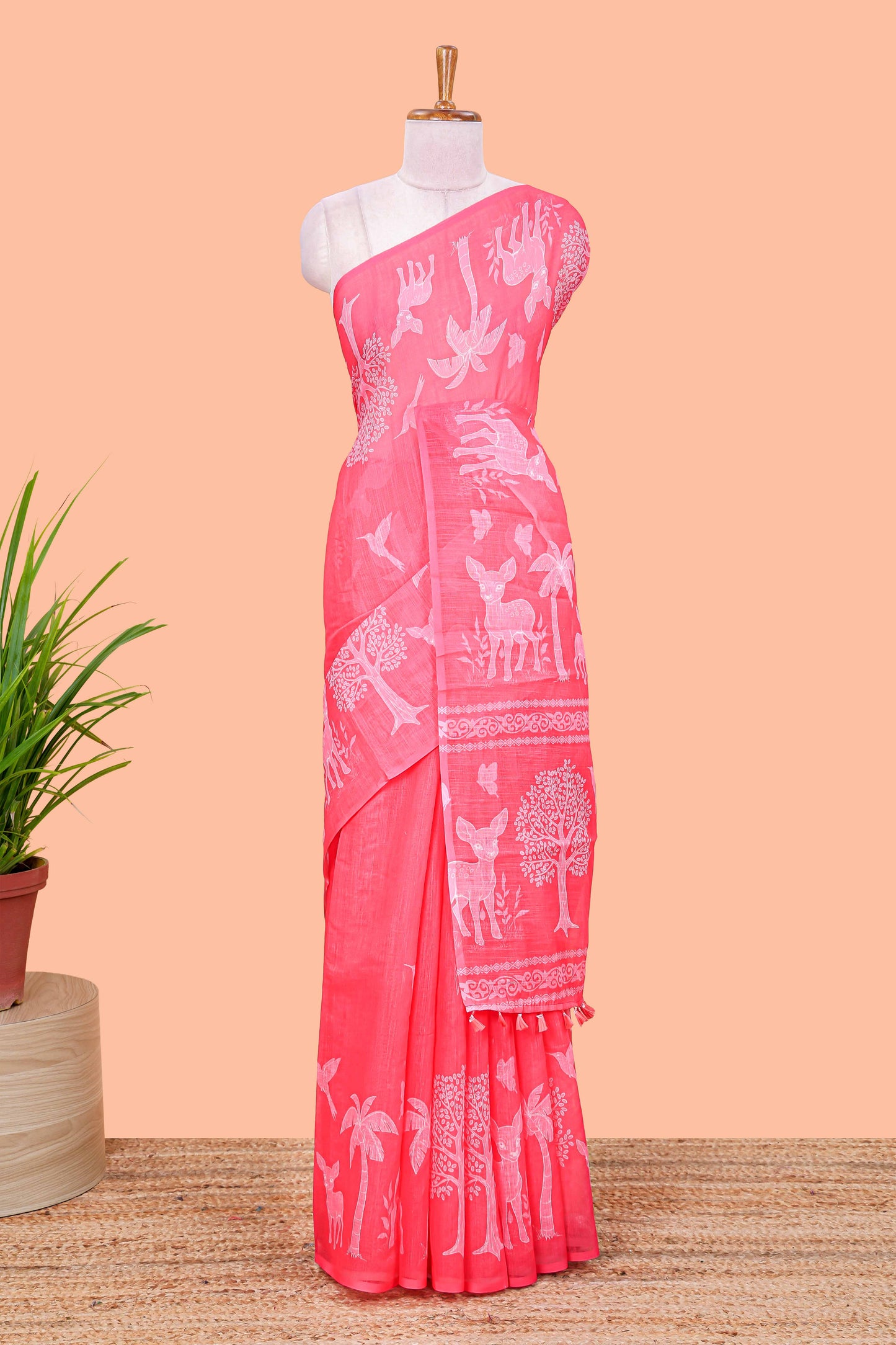 Linen cotton saree with wildlife motif
