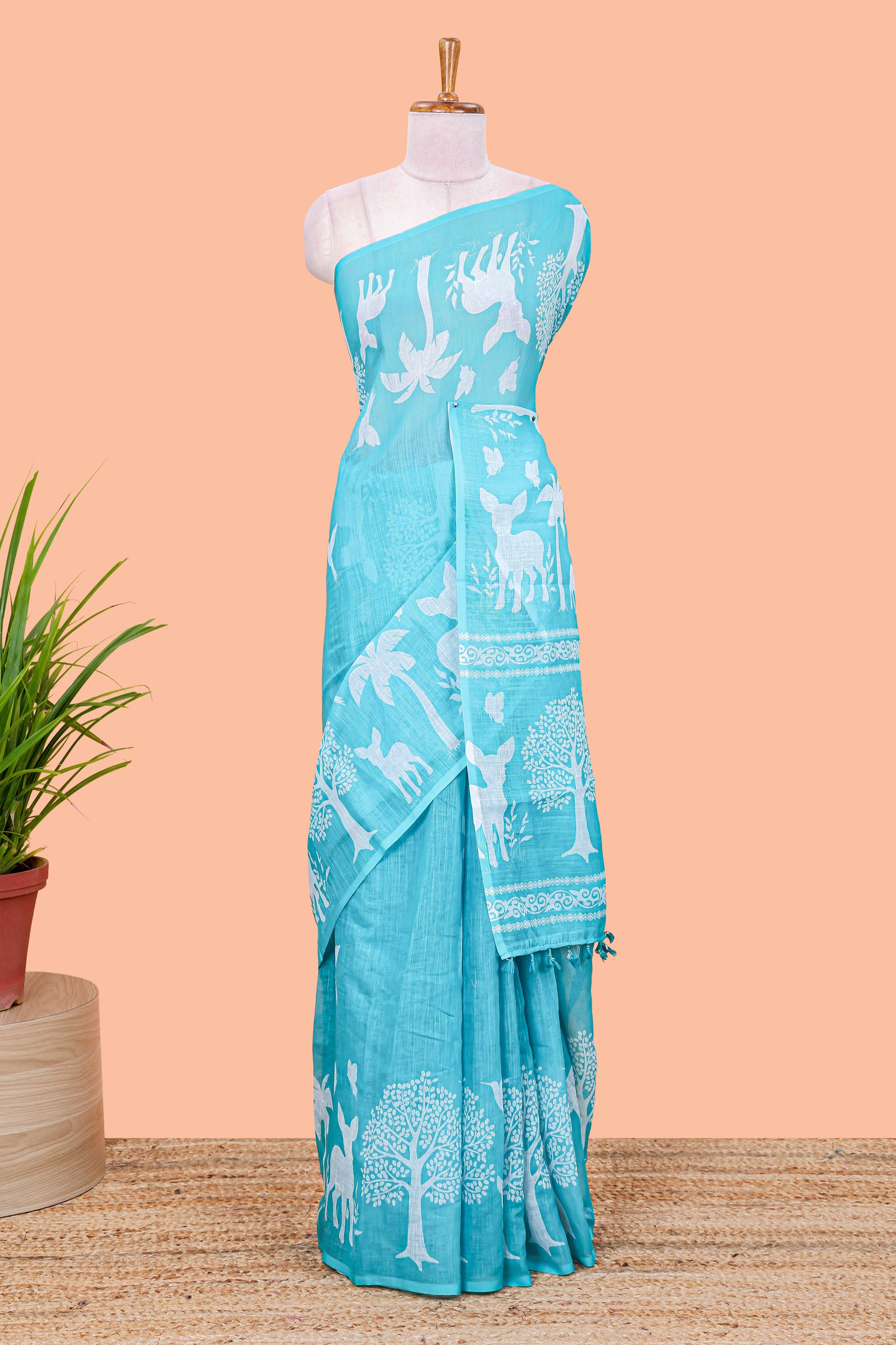 Linen cotton sarees in turquoise blue shade
