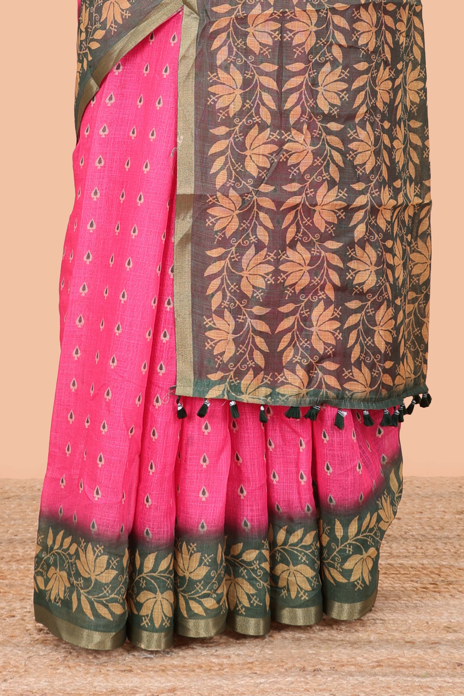Linen festive pink thread butta saree
