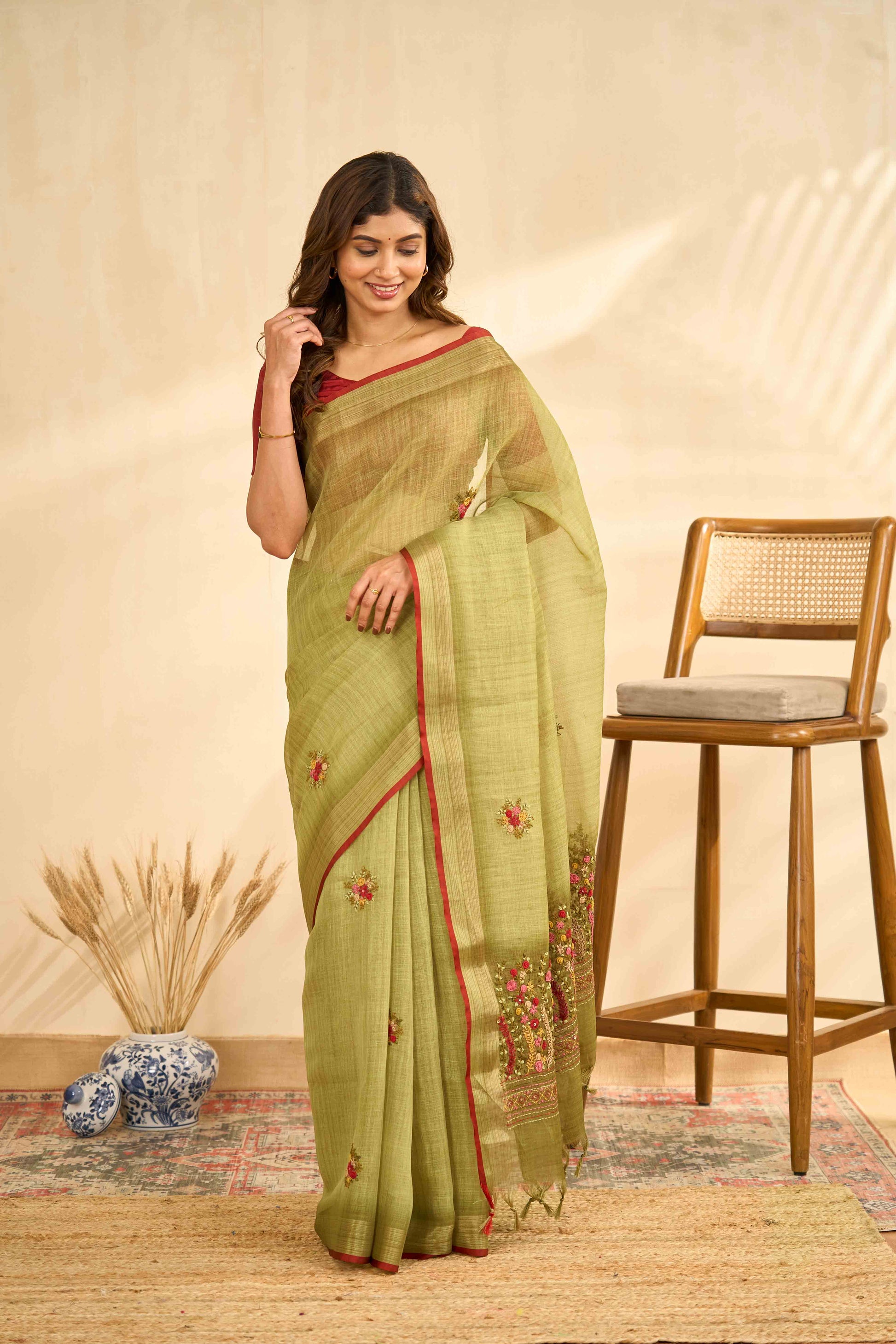 Linen saree with floral embroidery