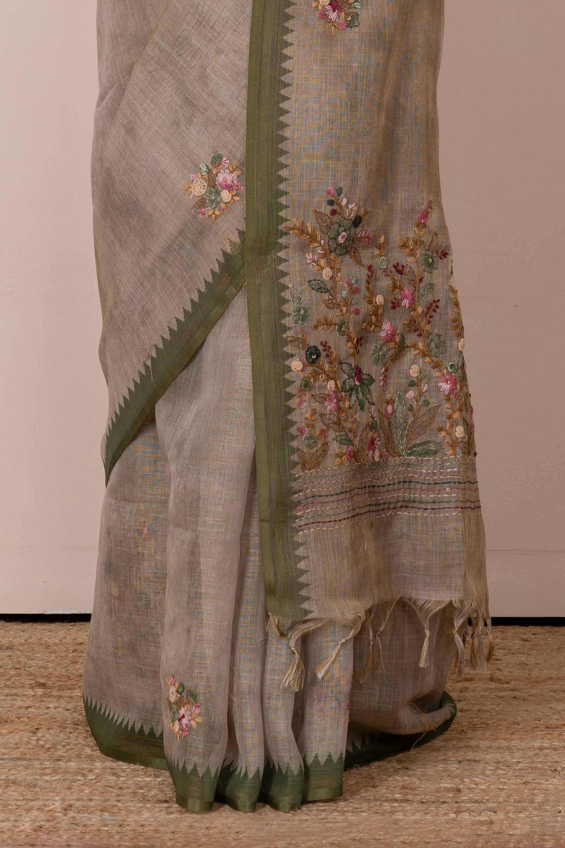 Linen sarees with French knot work
