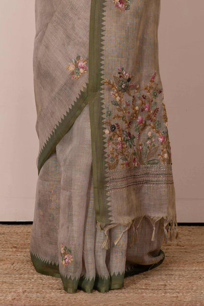 Linen sarees with French knot work