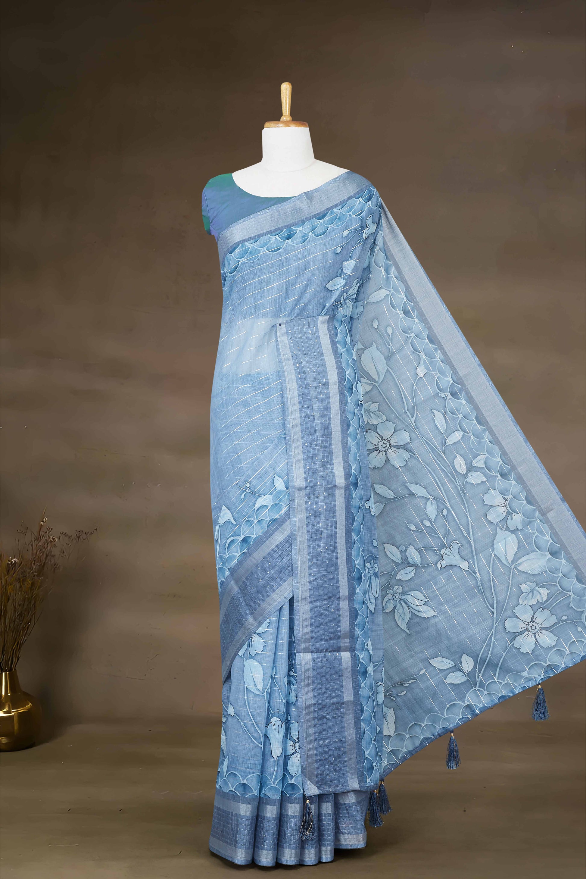 Linen silver zari border saree