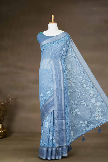 Linen silver zari border saree