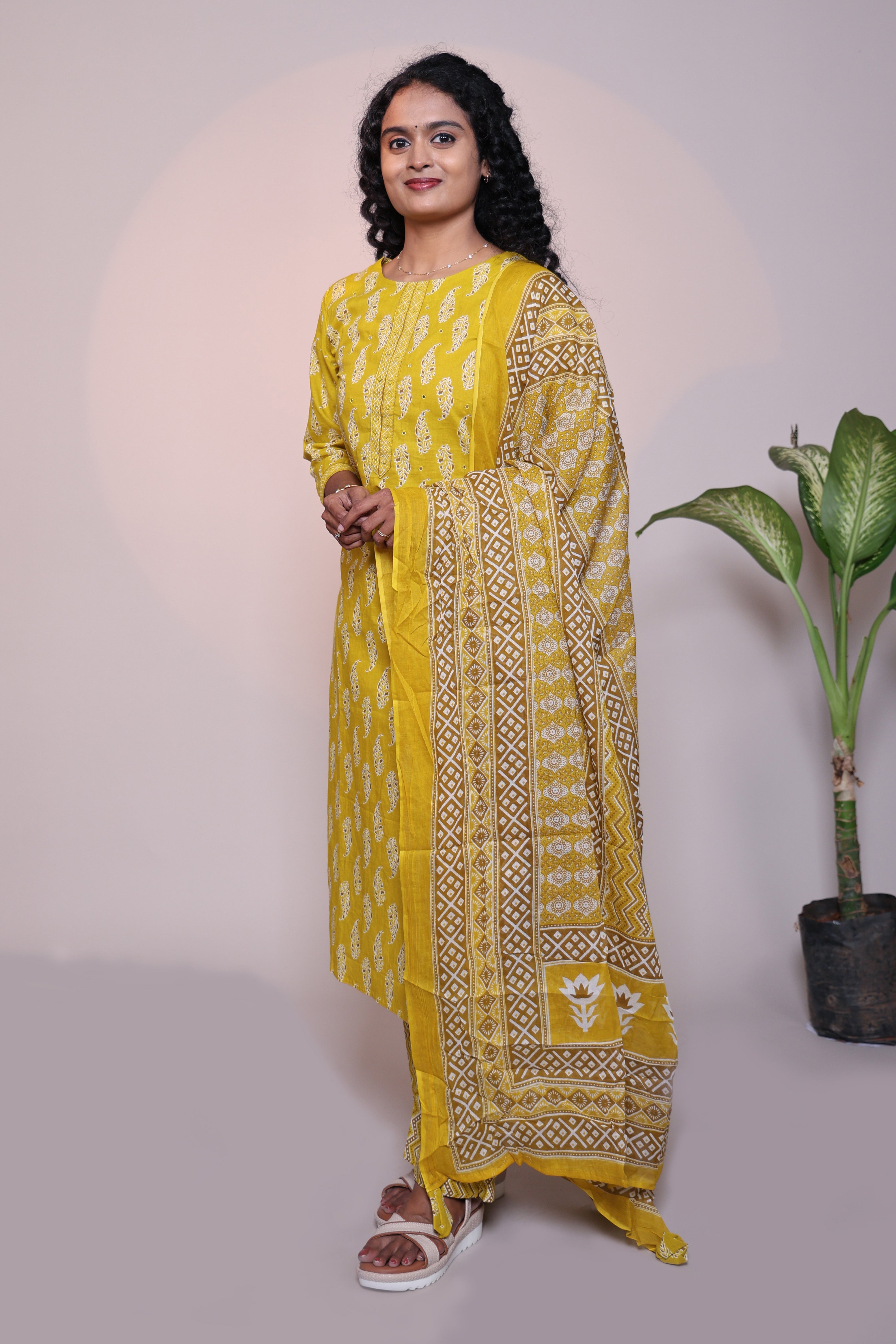 Yellow leaf motifs 3/4 slevee salwar suit with matching pant and printed dupatta