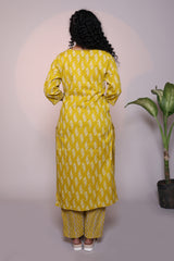 Yellow leaf motifs 3/4 slevee salwar suit with matching pant and printed dupatta