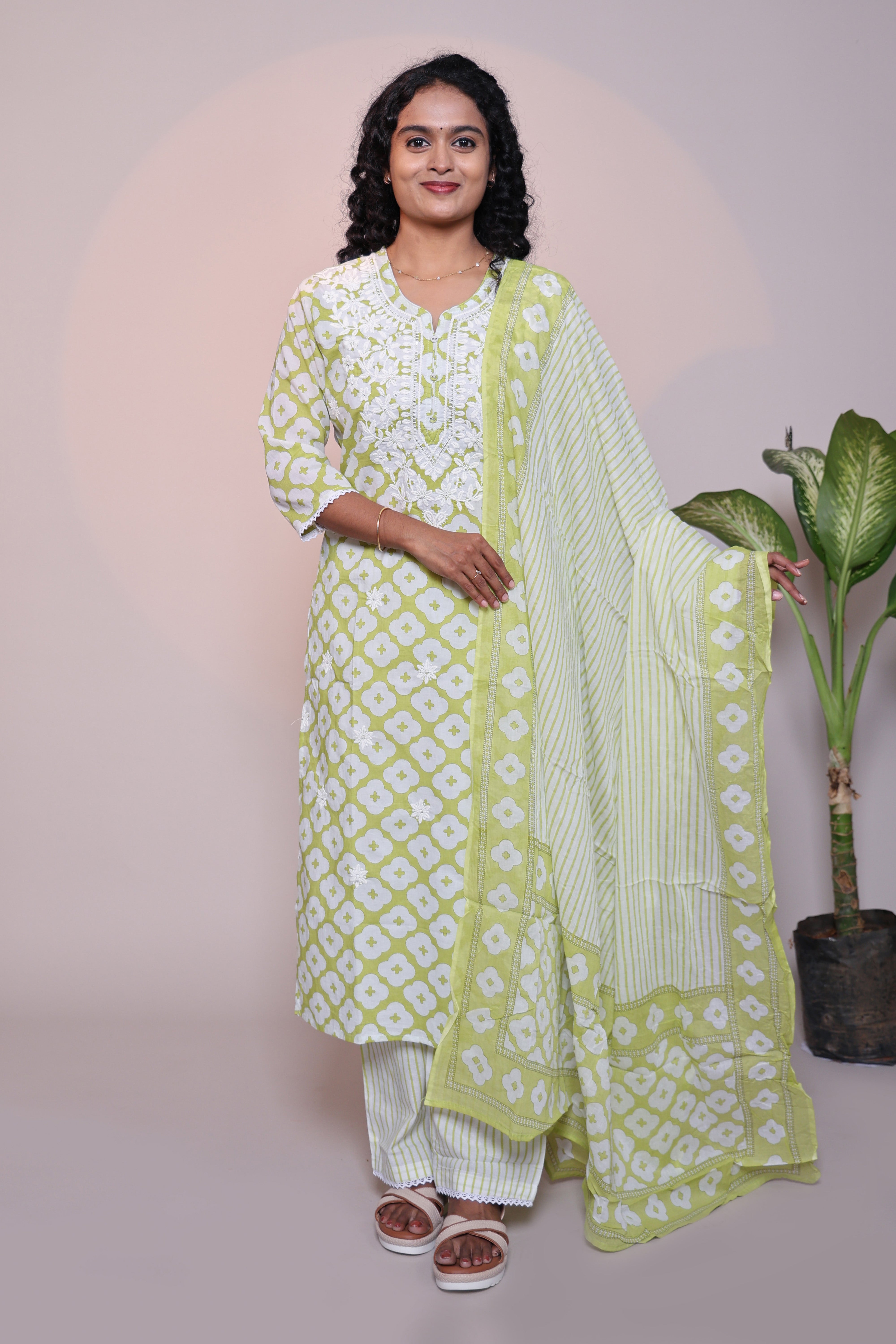 Green floral motifs 3/4 slevee salwar suit with matching pant and printed dupatta