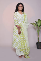 Green floral motifs 3/4 slevee salwar suit with matching pant and printed dupatta