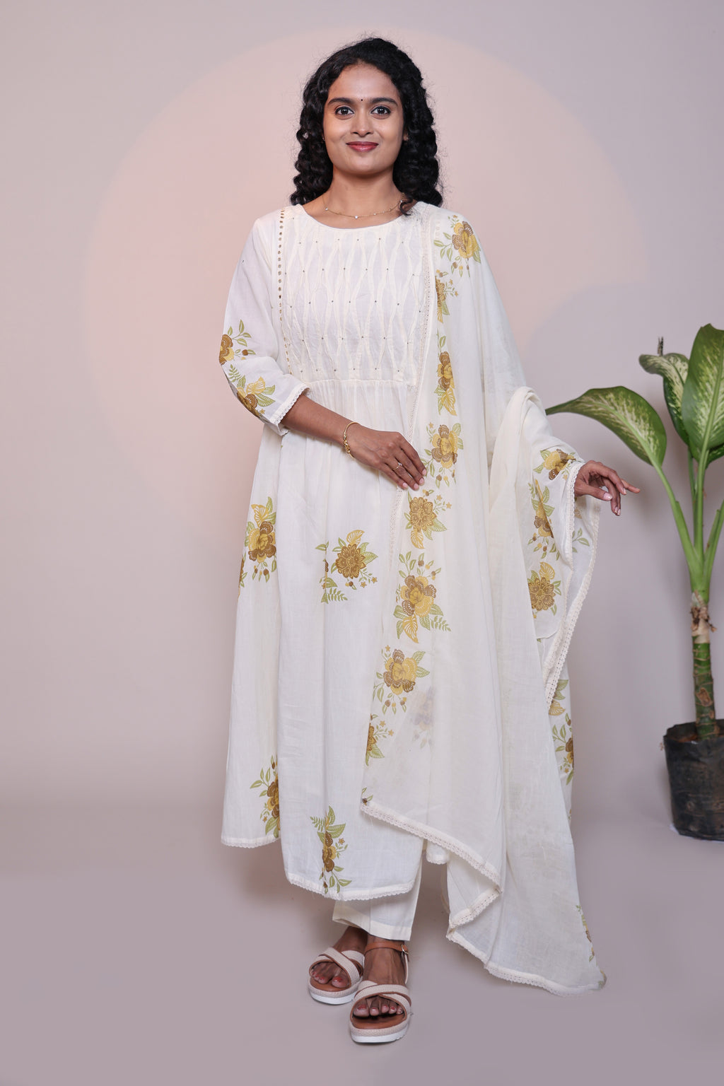 White floral design A line anarkali with self bottom and matching dubatta