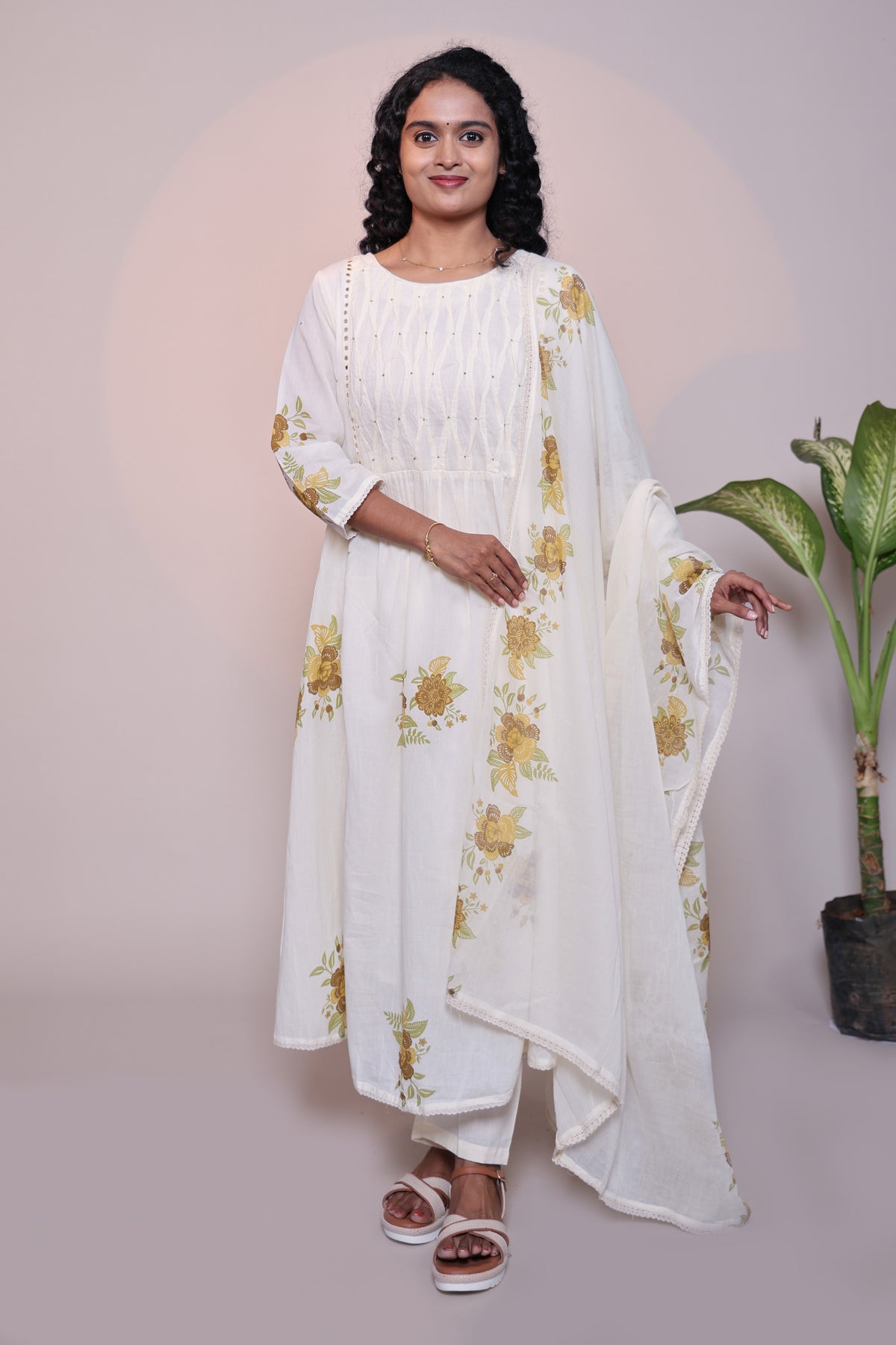 White floral design A line anarkali with self bottom and matching dubatta