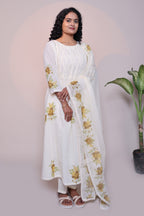 White floral design A line anarkali with self bottom and matching dubatta