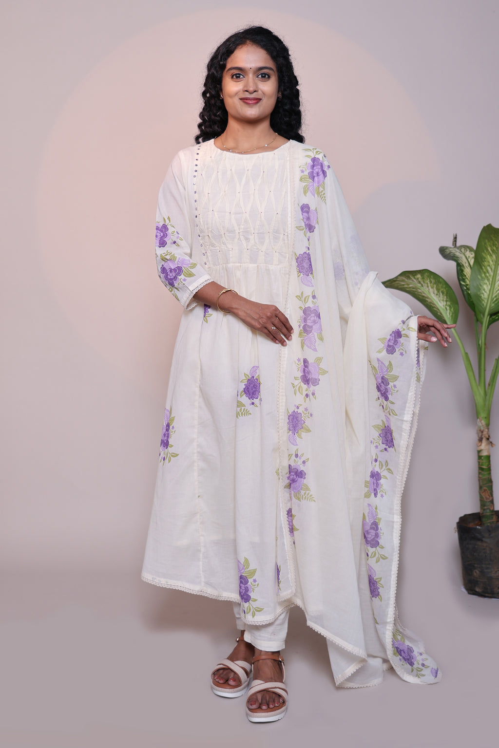 White floral design A line anarkali with self bottom and matching dubatta