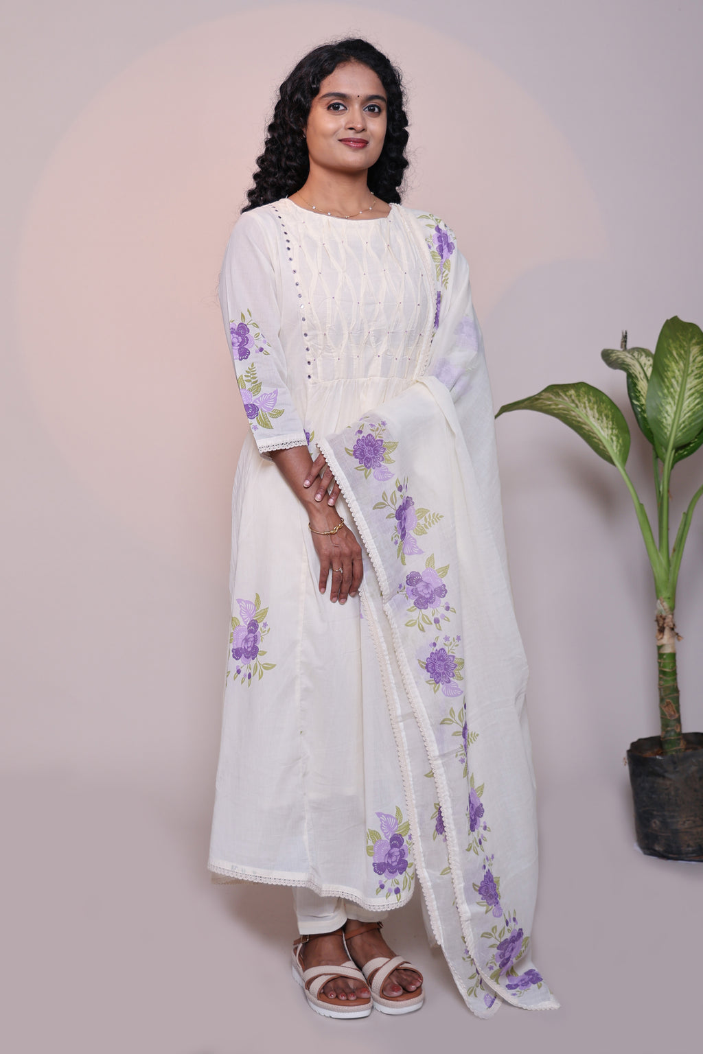White floral design A line anarkali with self bottom and matching dubatta