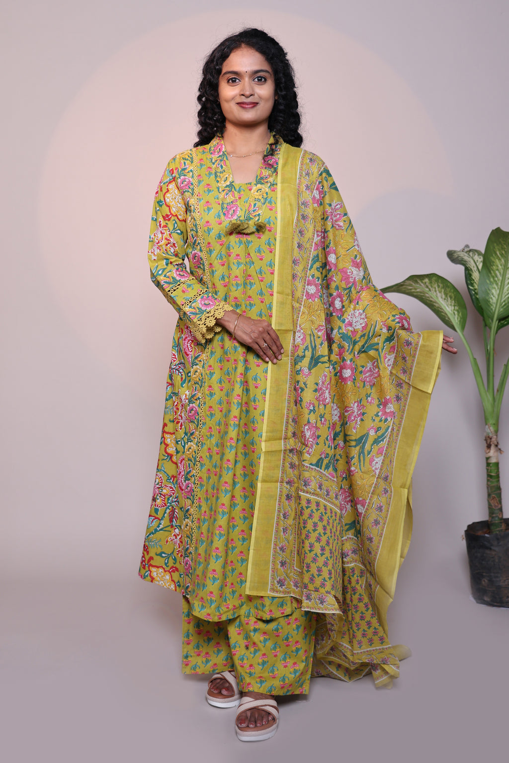 Green floral design 3/4 slevee salwar suit with matching pant and printed dupatta