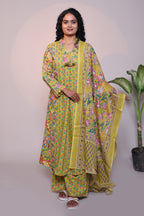 Green floral design 3/4 slevee salwar suit with matching pant and printed dupatta