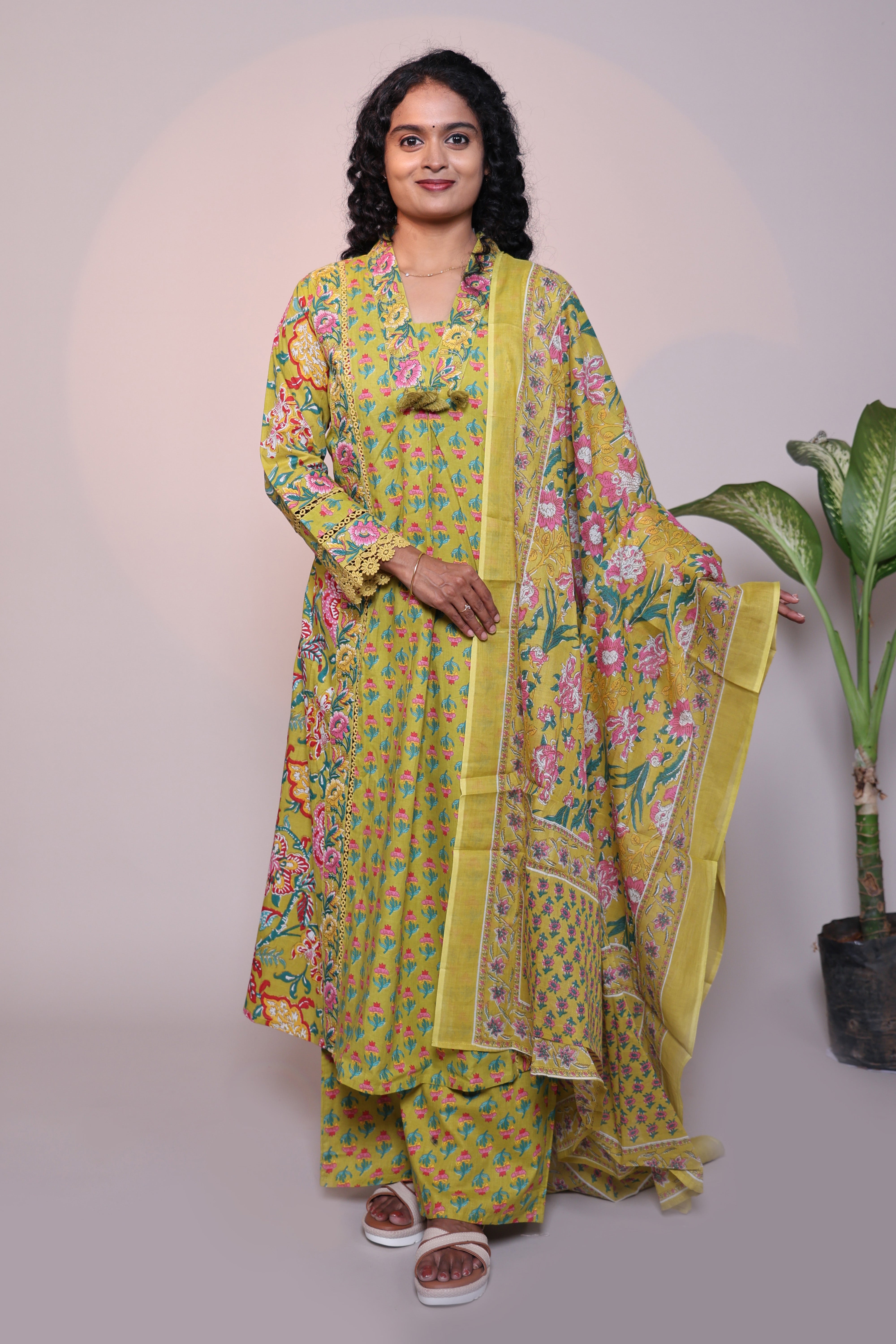 Green floral design 3/4 slevee salwar suit with matching pant and printed dupatta