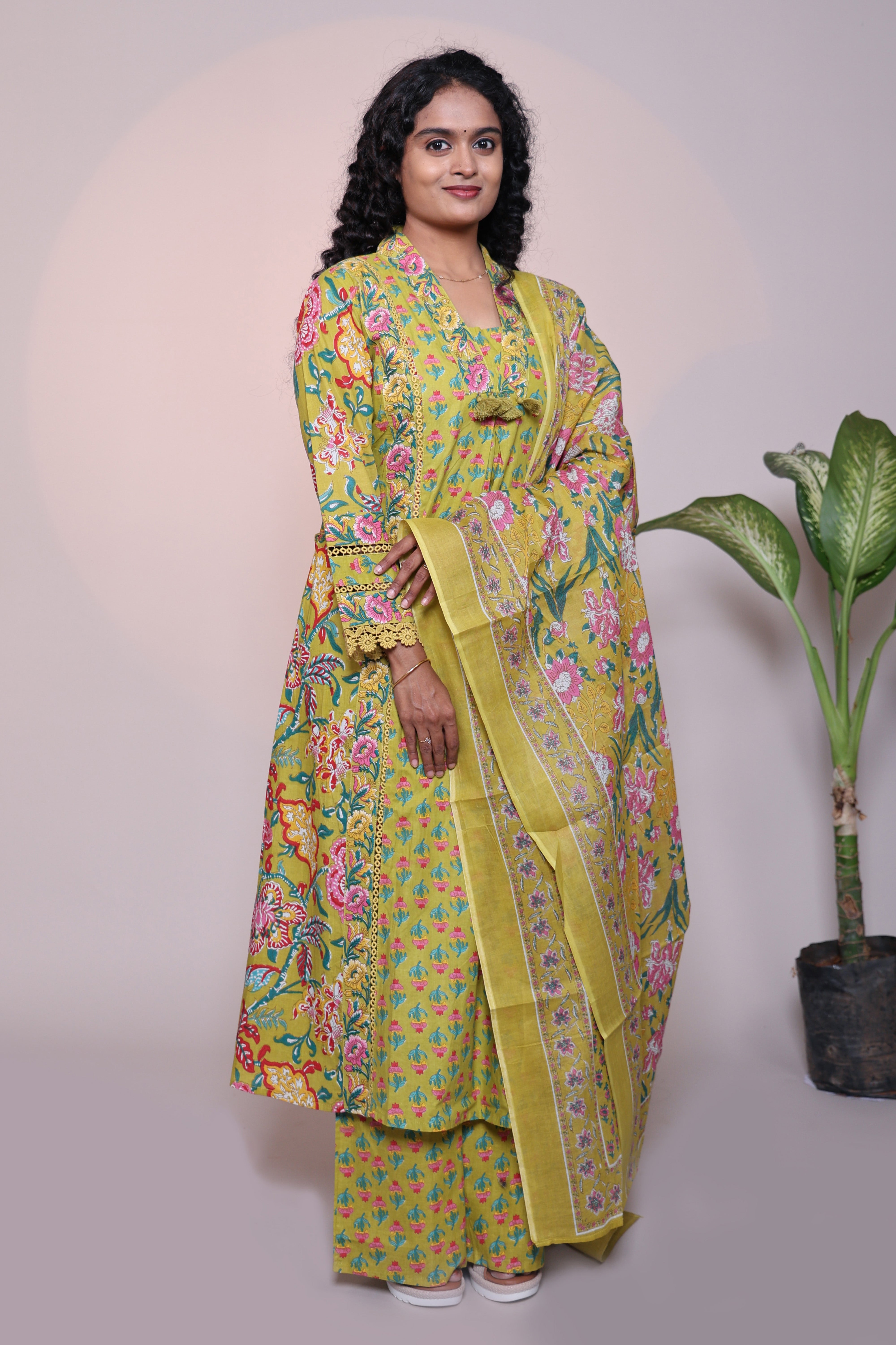Green floral design 3/4 slevee salwar suit with matching pant and printed dupatta