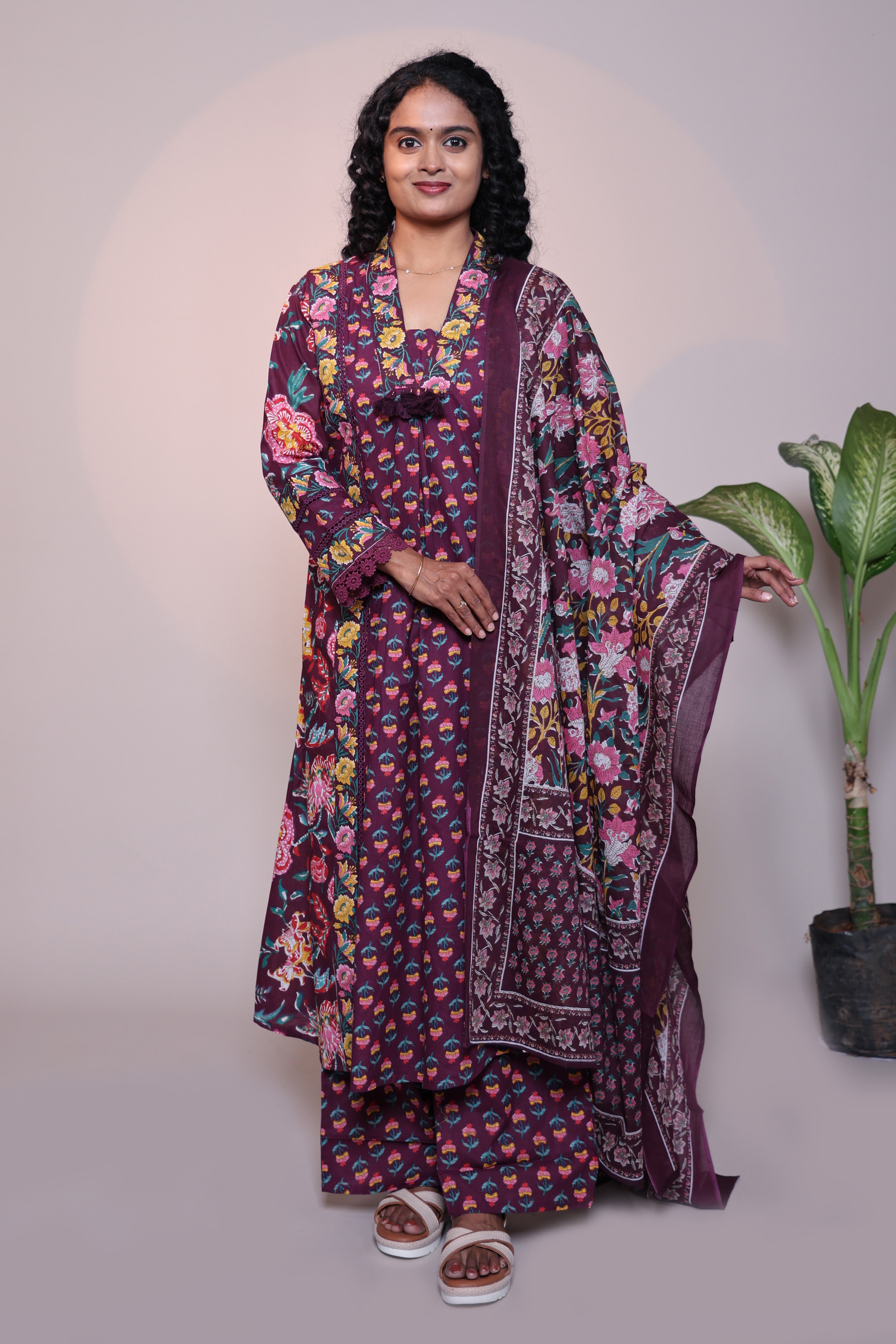 Purple floral design 3/4 slevee salwar suit with matching pant and printed dupatta
