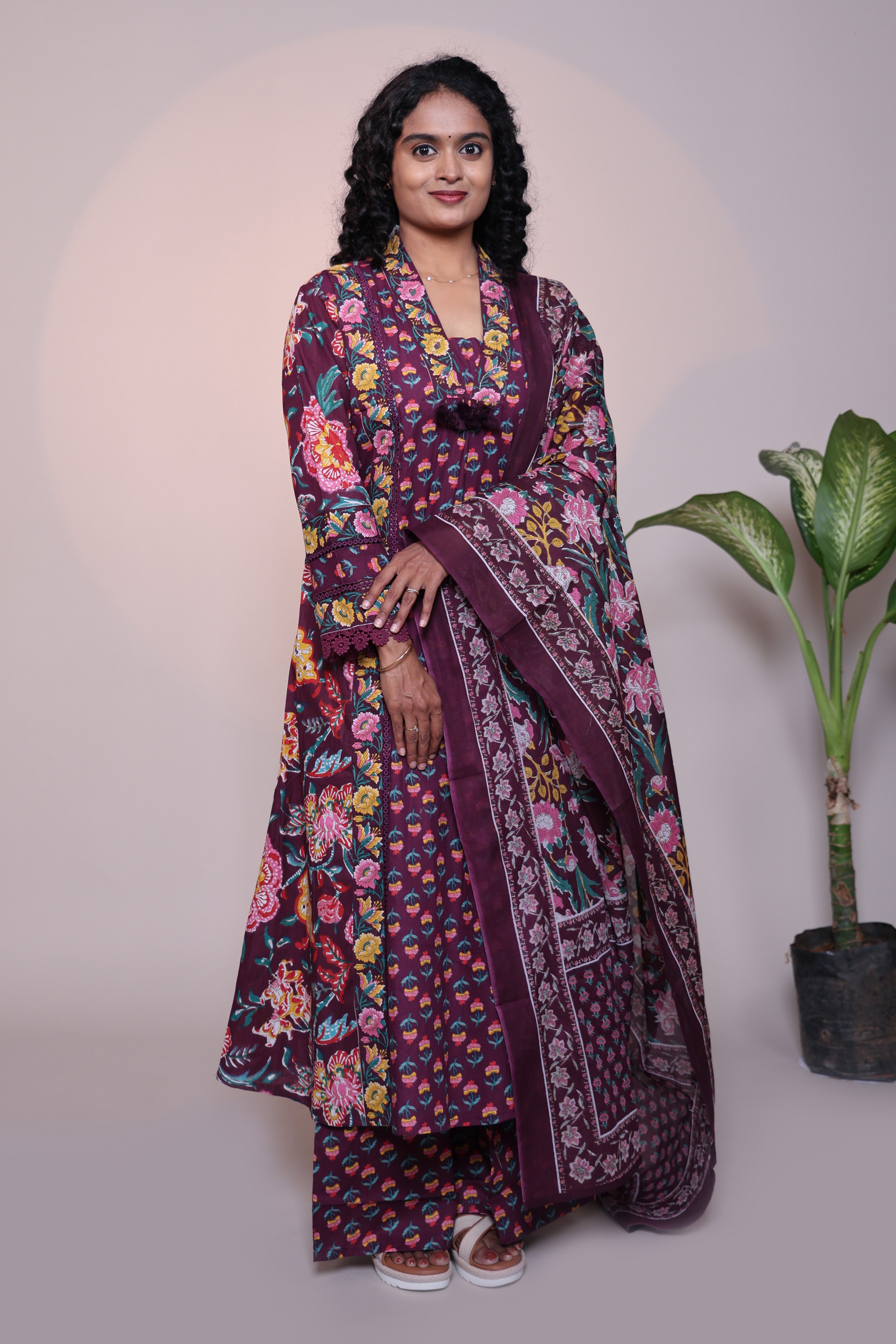 Purple floral design 3/4 slevee salwar suit with matching pant and printed dupatta