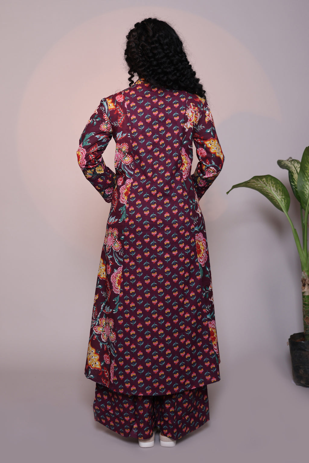 Purple floral design 3/4 slevee salwar suit with matching pant and printed dupatta