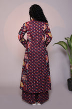 Purple floral design 3/4 slevee salwar suit with matching pant and printed dupatta