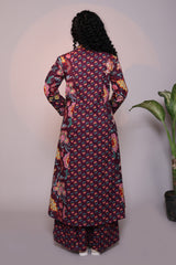 Purple floral design 3/4 slevee salwar suit with matching pant and printed dupatta