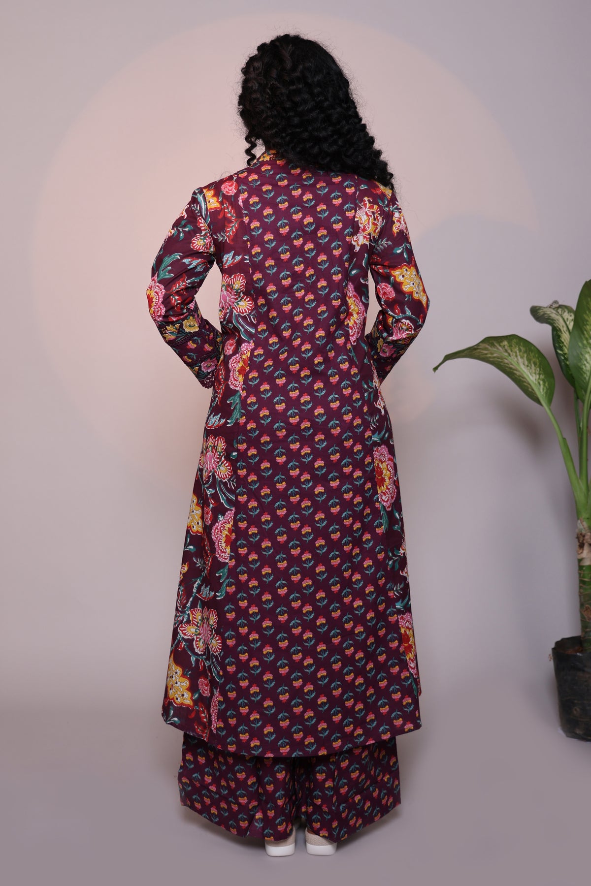 Purple floral design 3/4 slevee salwar suit with matching pant and printed dupatta