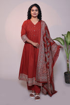 Rust orange embroidery design 3/4 slevee salwar suit with matching pant and printed dupatta