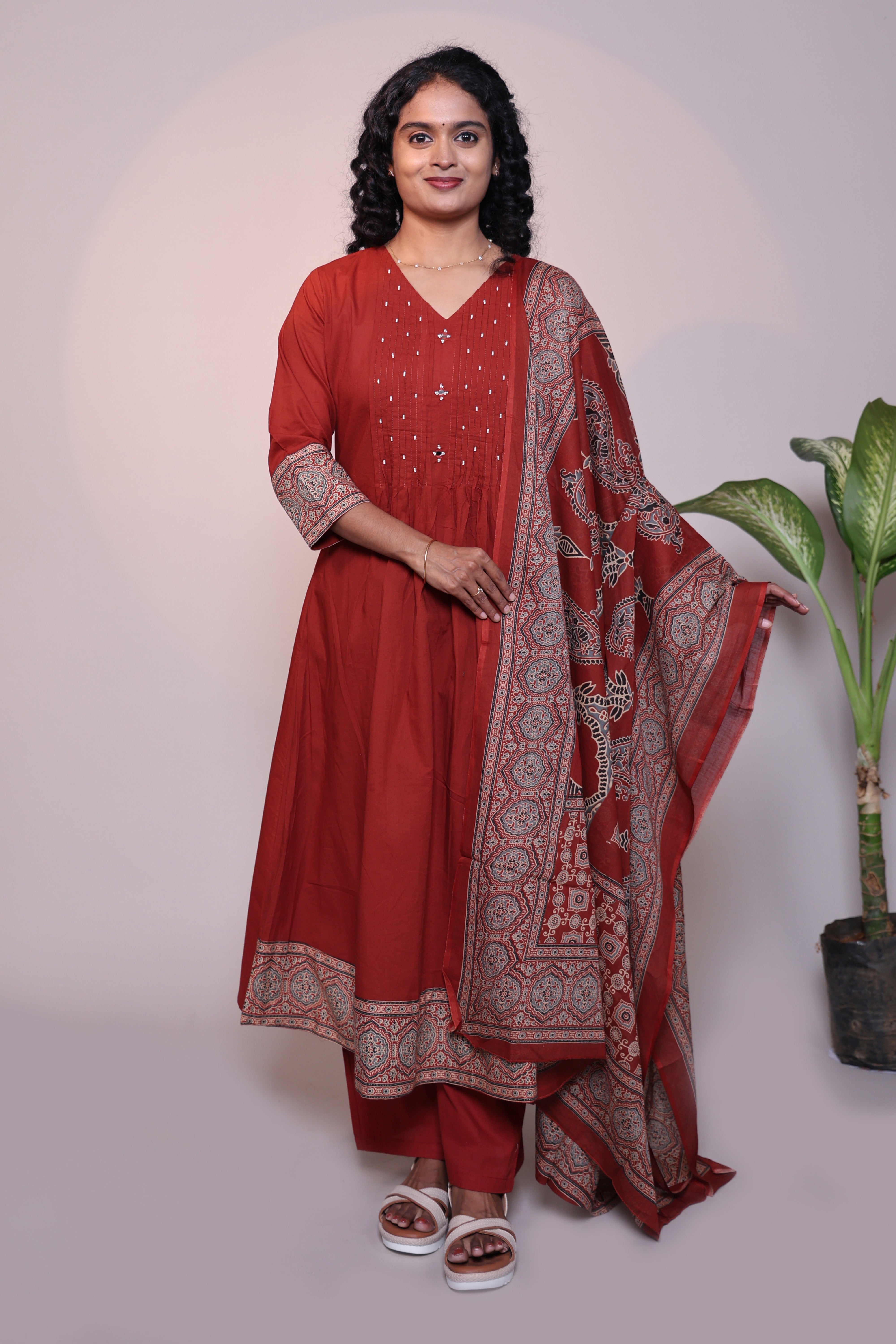 Rust orange embroidery design 3/4 slevee salwar suit with matching pant and printed dupatta