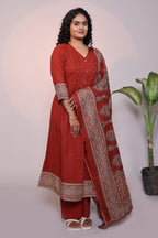 Rust orange embroidery design 3/4 slevee salwar suit with matching pant and printed dupatta