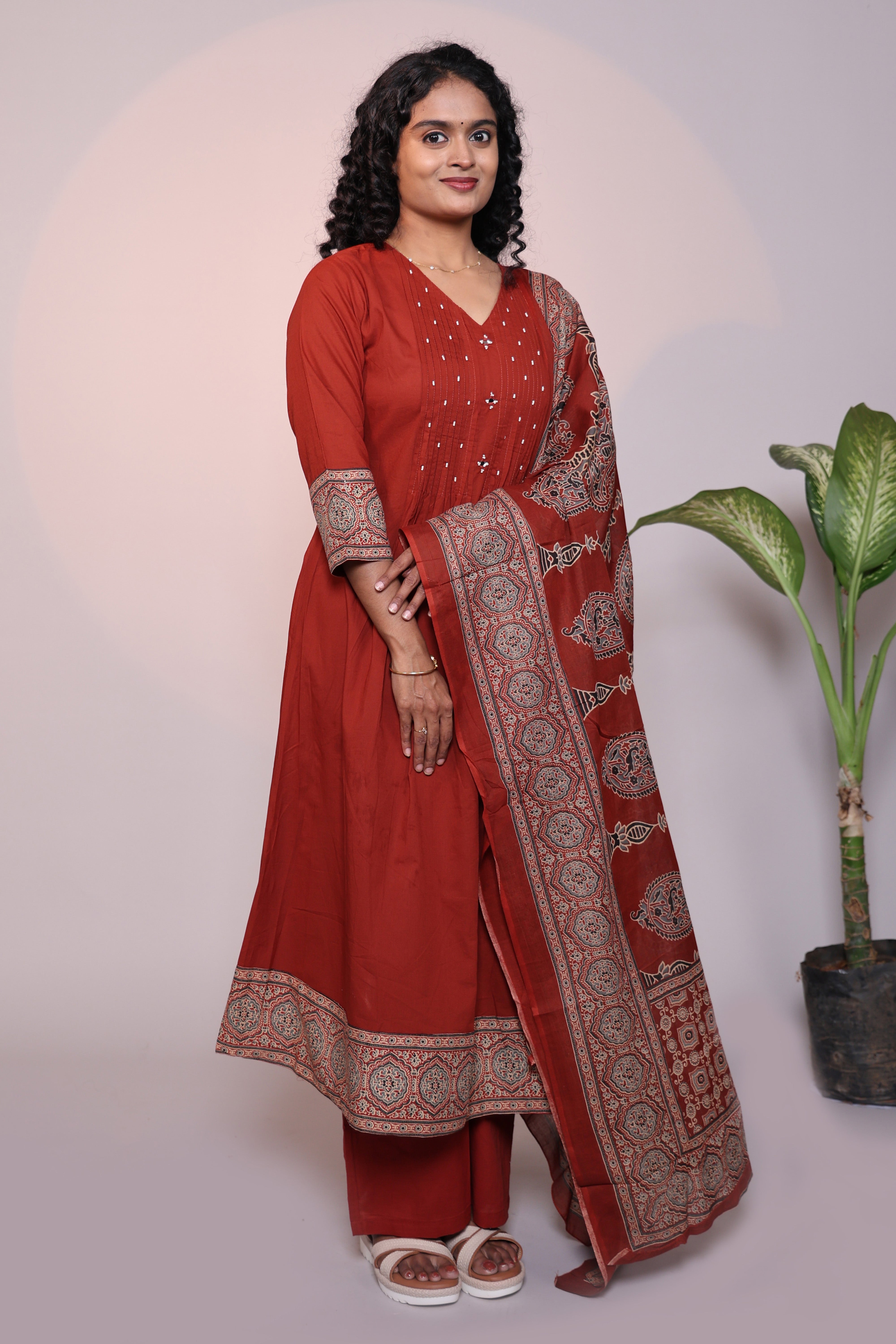 Rust orange embroidery design 3/4 slevee salwar suit with matching pant and printed dupatta