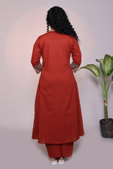 Rust orange embroidery design 3/4 slevee salwar suit with matching pant and printed dupatta