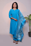 Blue plain 3/4 slevee salwar suit with matching pant and floral printed dupatta