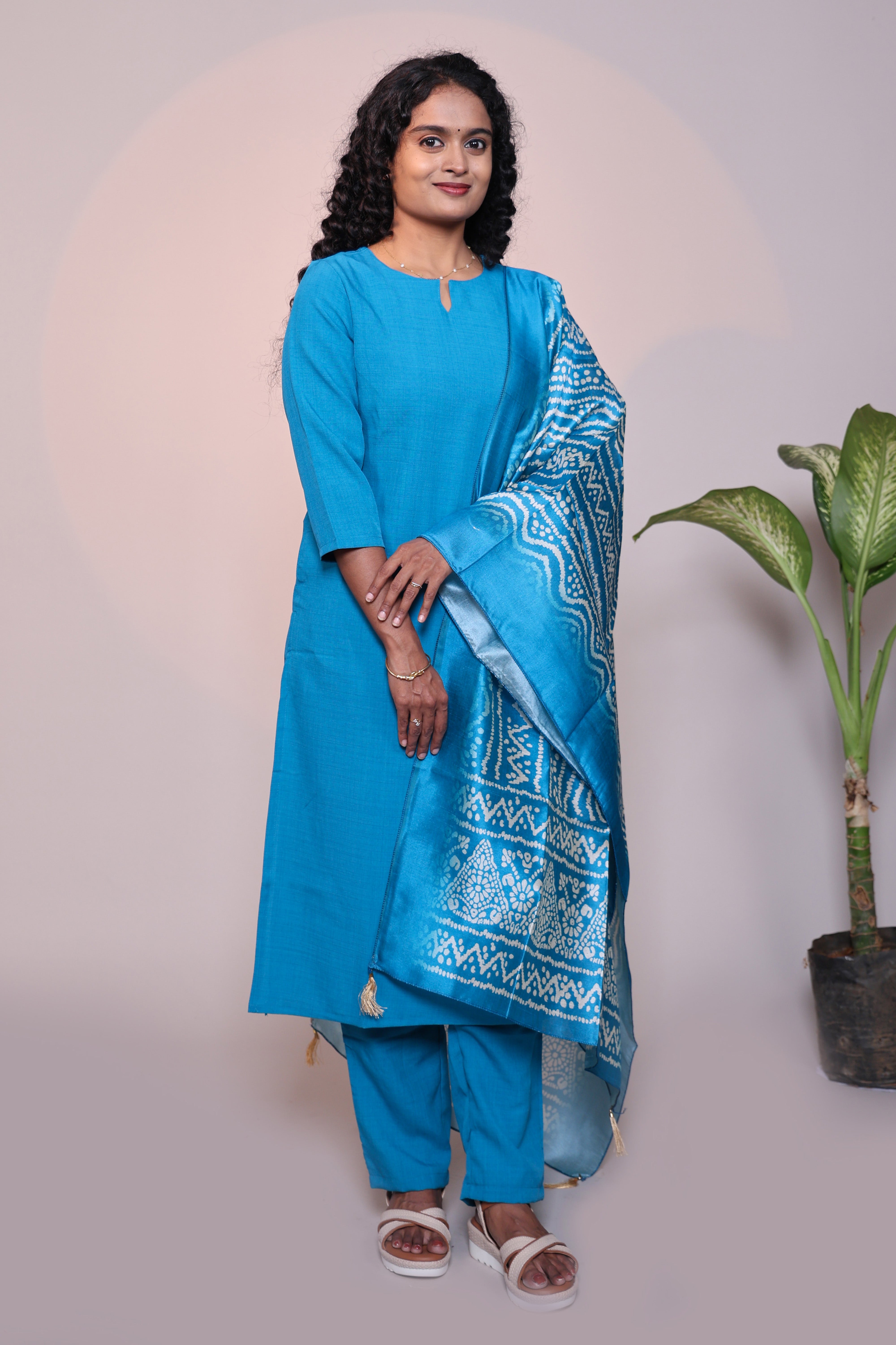 Blue plain 3/4 slevee salwar suit with matching pant and floral printed dupatta