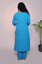 Blue plain 3/4 slevee salwar suit with matching pant and floral printed dupatta