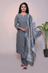 Grey plain 3/4 slevee salwar suit with matching pant and floral printed dupatta