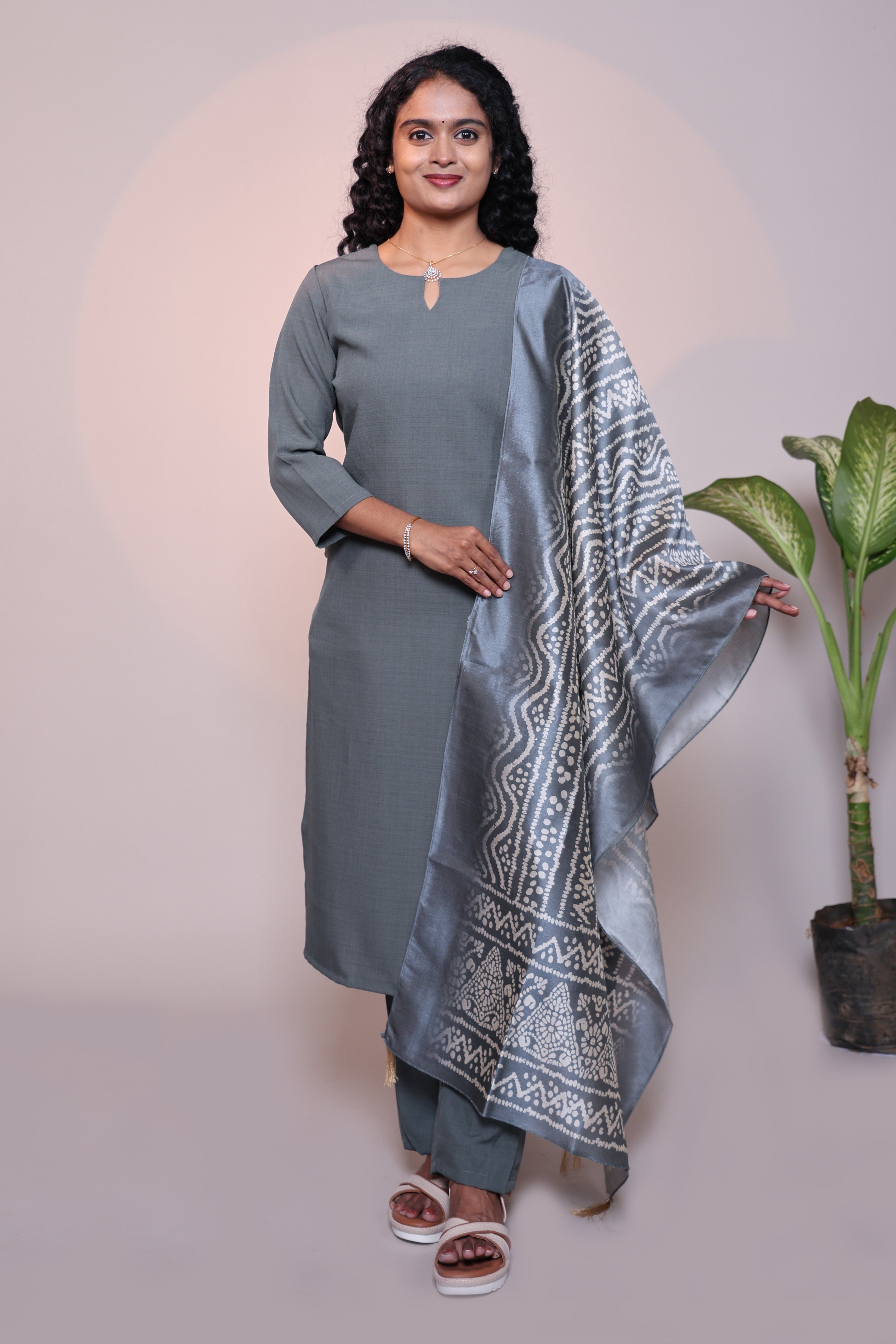 Grey plain 3/4 slevee salwar suit with matching pant and floral printed dupatta